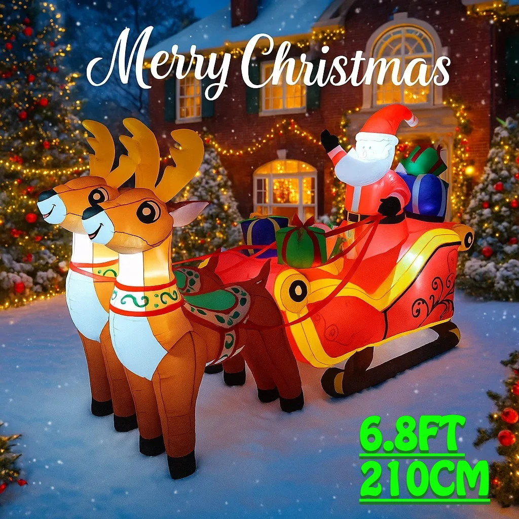 6.8FT Outdoor Holiday Decoration Santa Claus Sleigh Reindeer Inflatable Christmas Yard Decor Xmas Ornaments Lights Home Toys