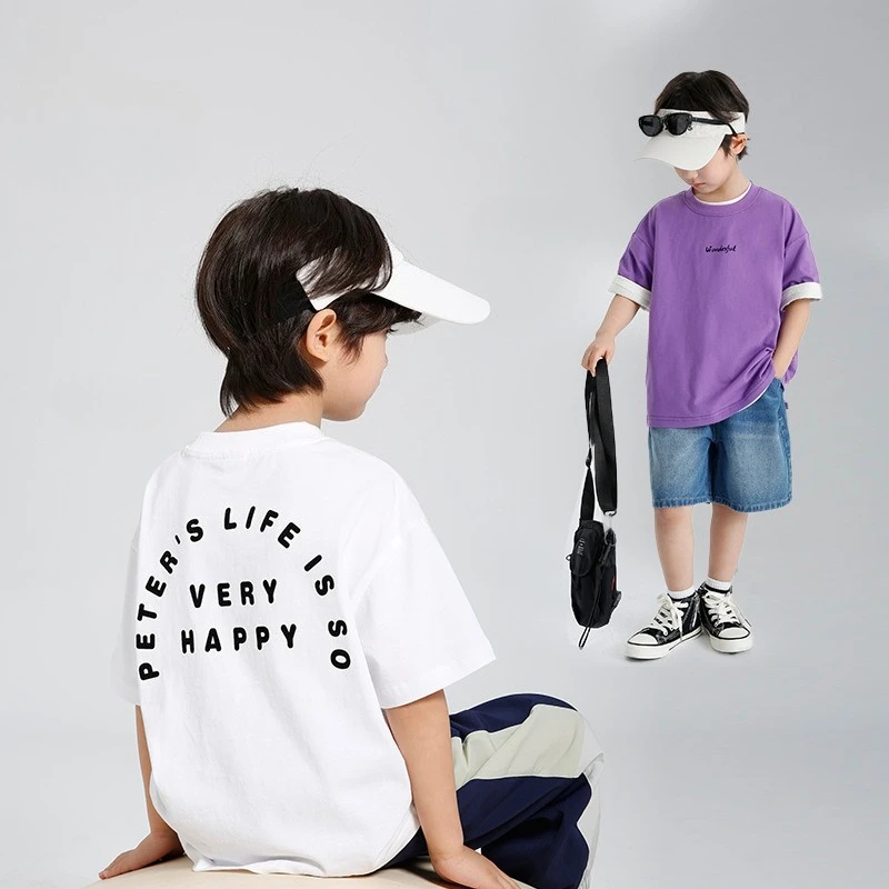 Camiseta de verano de manga corta de algodón puro con estampado de letras para niños, camisetas para niños de 110-160cm - imagen 3