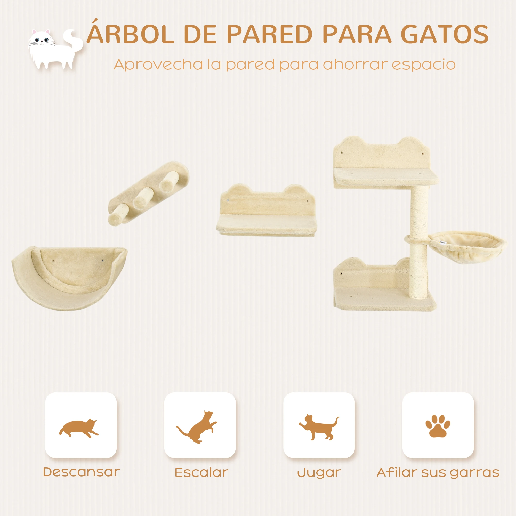 PawHut Estante de Escalada para Gatos de Pared Juego de Estantes para Gatos 4 Piezas con Hamaca Nido Rascador Plataformas para Saltar y Poste de Sisal Beige - imagen 4