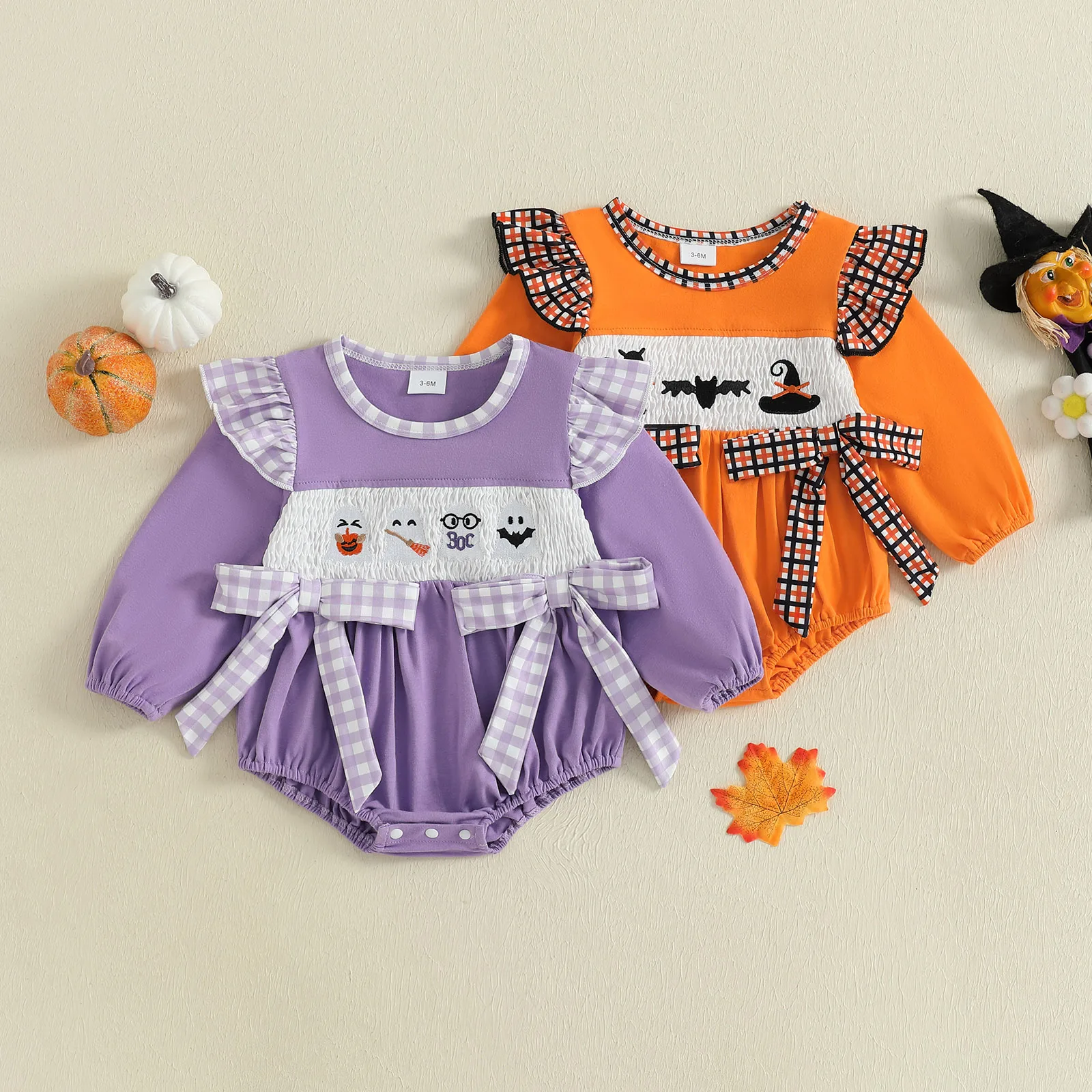 Mameluco con lazo de Halloween para niña, mono de burbuja con cuello redondo y manga larga con bordado de gato negro/fantasma - imagen 2