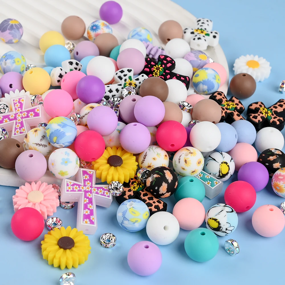 47 Uds. Cuentas focales de silicona con forma de Margarita cruzada, juegos redondos de cuentas de silicona para DIY, cadena de chupete para bebé, accesorios para pulsera mordedor
