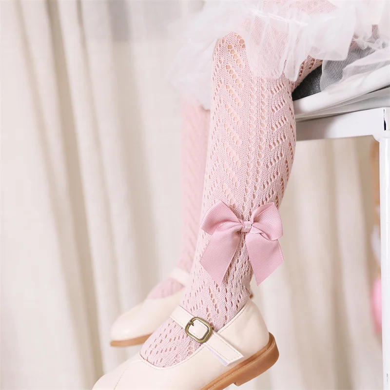 Medias de encaje para niñas, mallas finas de malla de verano para bebés y niñas, pantimedias ajustadas de algodón elegantes para niños, mallas ajustadas con lazo - imagen 5