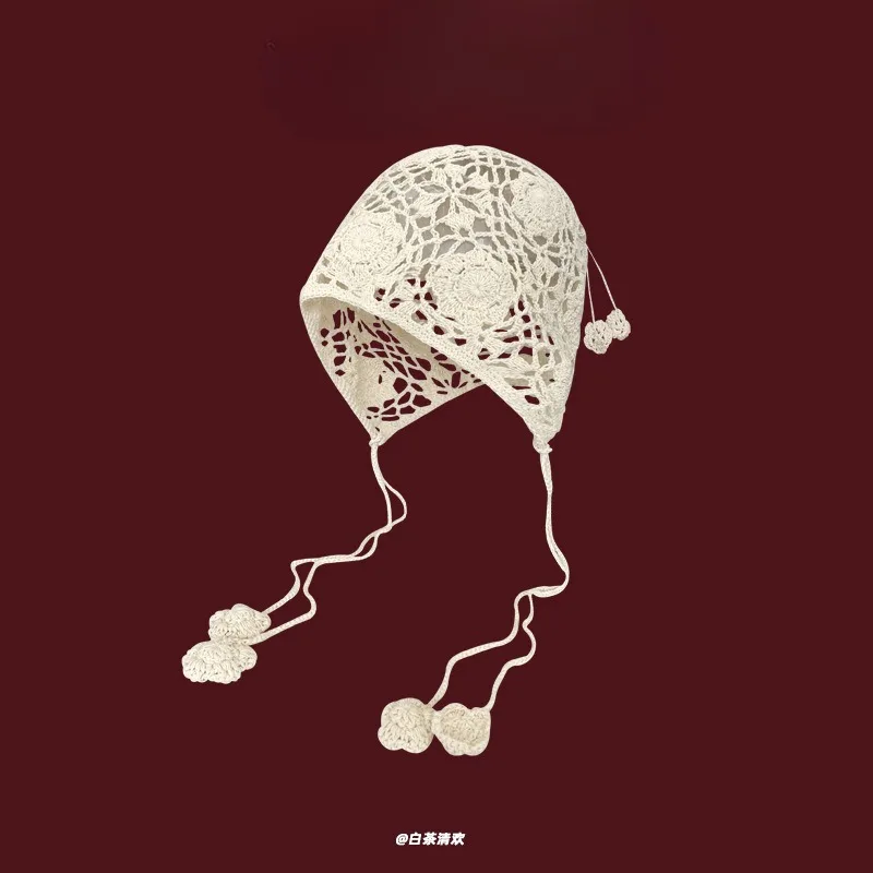 Gorro calado tejido hecho a mano para mujer, gorro de punto con gancho de flor de estilo coreano con borlas de perlas para primavera y verano - imagen 4