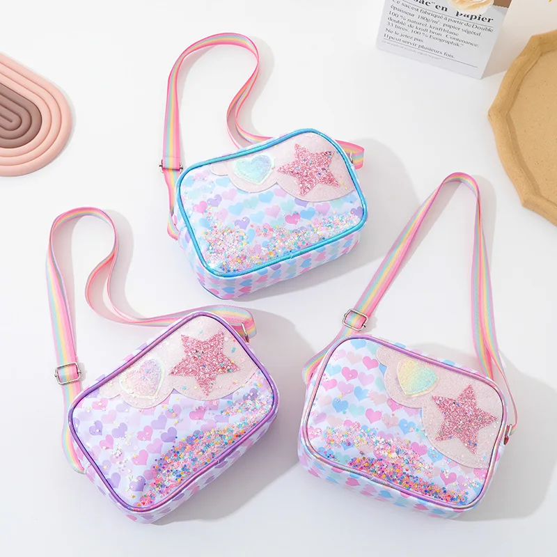 ¡Nuevo bolso para niñas de dibujos animados de unicornio: correa de arcoíris brillante, diseño de corazón de estrella, hombro/bandolera bidireccional, lindo y práctico!