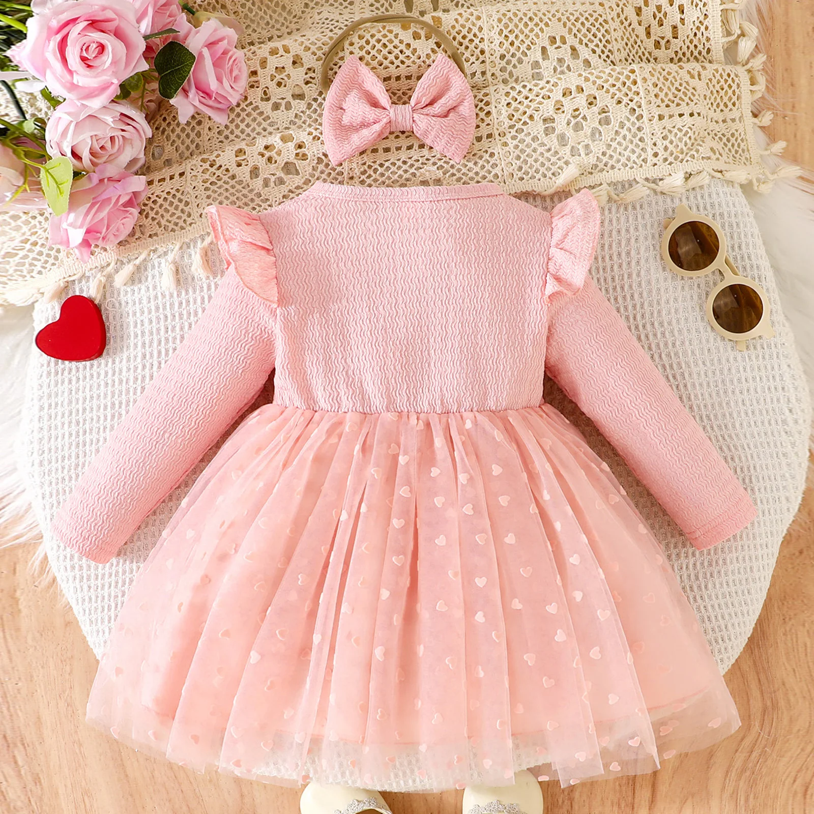 SUNSIOM Vestido de niña de 0 a 3 años, 2 piezas, trajes de otoño, vestido de tul con lazo frontal de manga larga + conjunto de diadema, ropa para niños pequeños - imagen 2