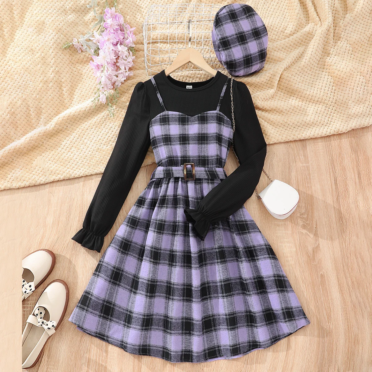 2024 vestido de primavera invierno para niñas de manga larga con cinturón a cuadros sombrero ropa para niñas grandes vestidos de moda para niños 8 9 10 11 12 años - imagen 5