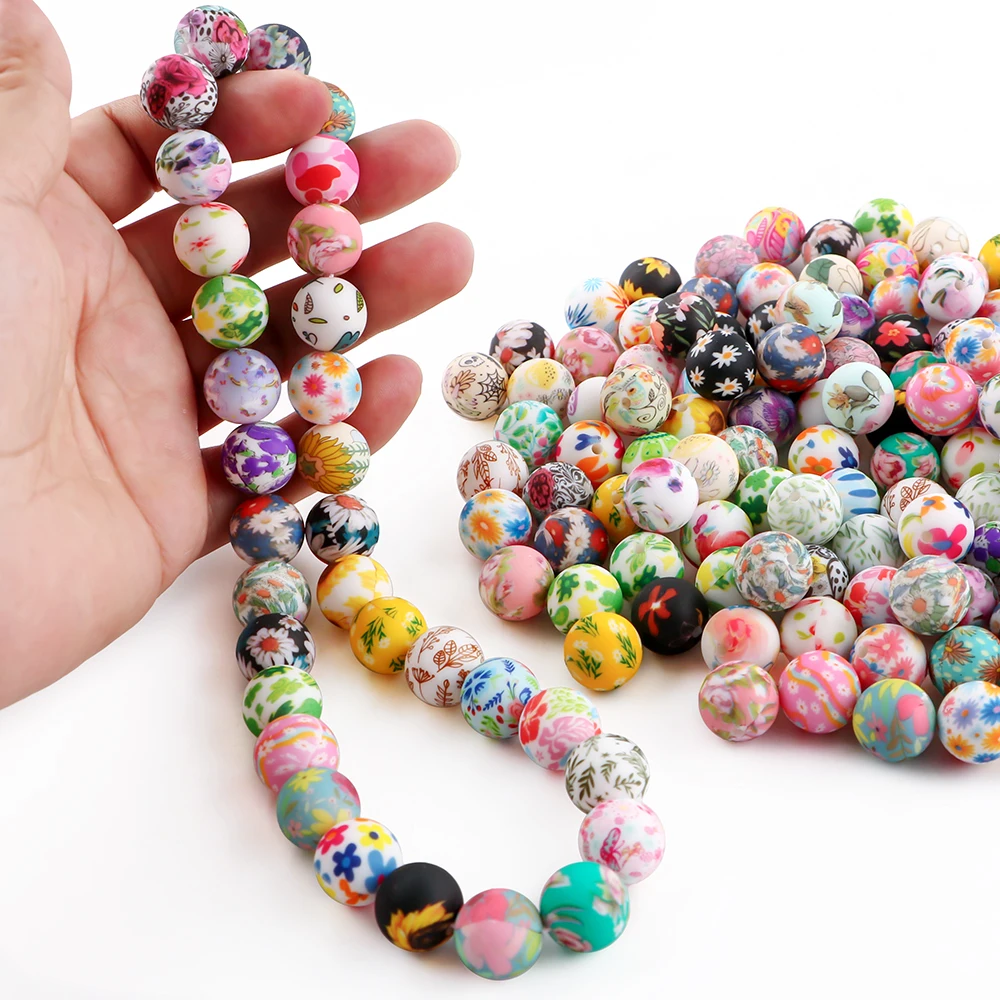 15 Uds. De cuentas redondas de silicona con estampado de flores de 15mm para fabricación de joyería, collar, pulsera, pendientes, Etc., accesorios - imagen 2
