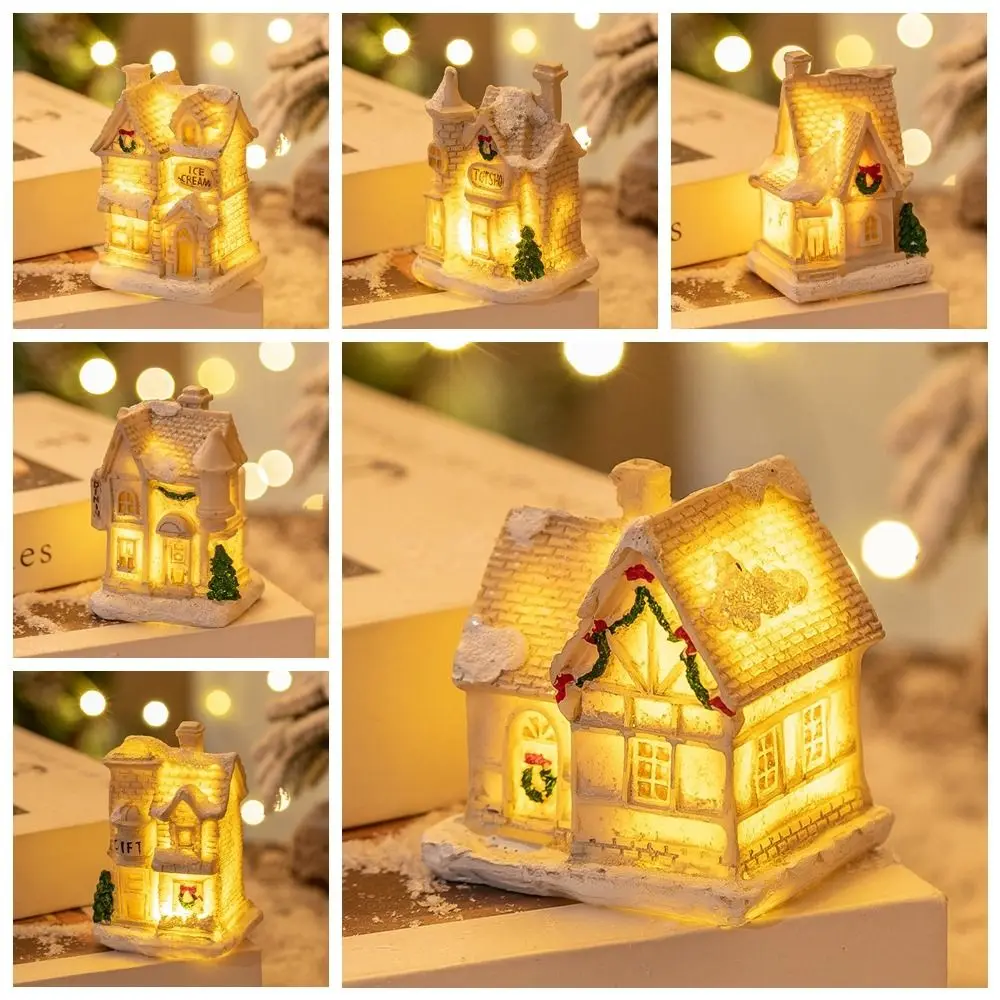 Bonita casa pequeña brillante de Navidad, adorno luminoso blanco para casa de Navidad, decoraciones de mesa de dibujos animados con luz cálida de resina - imagen 5
