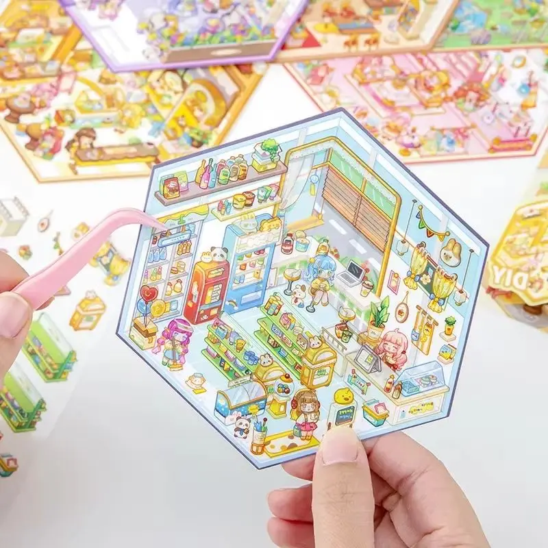 Pegatina de paisaje de dibujos animados Mini mundo DIY bolsillo escena de cabina 3D apilamiento pegado regalo de cumpleaños de Navidad para chico - imagen 2