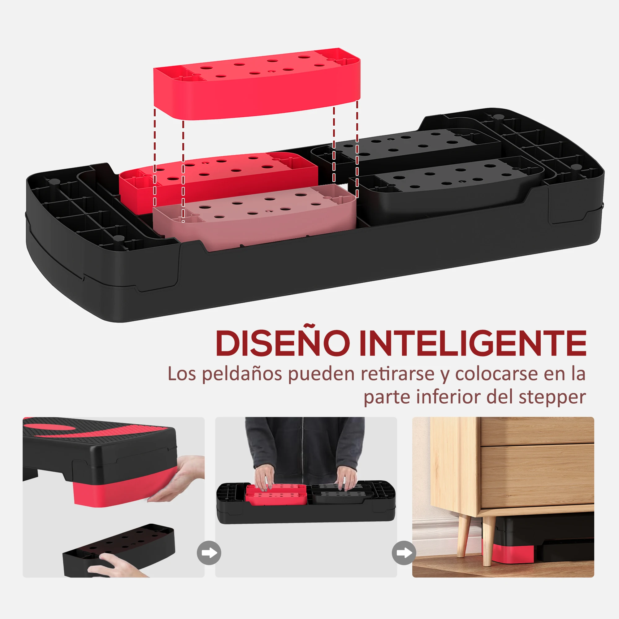 HOMCOM Step de Aeróbic, Step para Fitness Antideslizante con Altura Regulable 3 Niveles de 10/15/20 cm, Tabla Plataforma Stepper para Ejercicio en Casa Gimnasia, Carga 150 kg 80x31x20 cm, Rojo - imagen 3