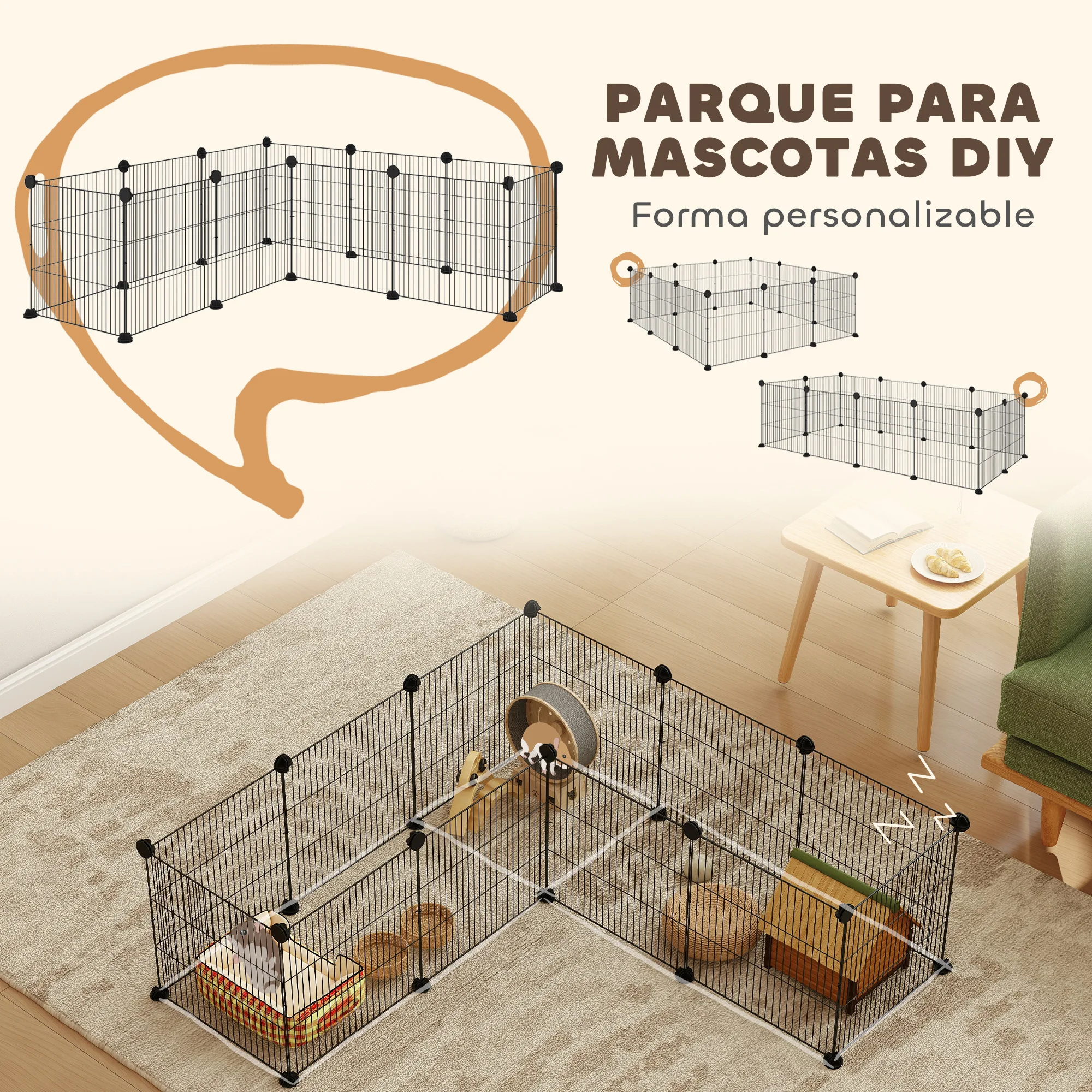 PawHut Valla Metálica para Mascotas con 12 Paneles Parque Metálico para Animales Pequeños Desmontable Diseño DIY para Erizo Conejos 140x70x35 cm Negro - imagen 4