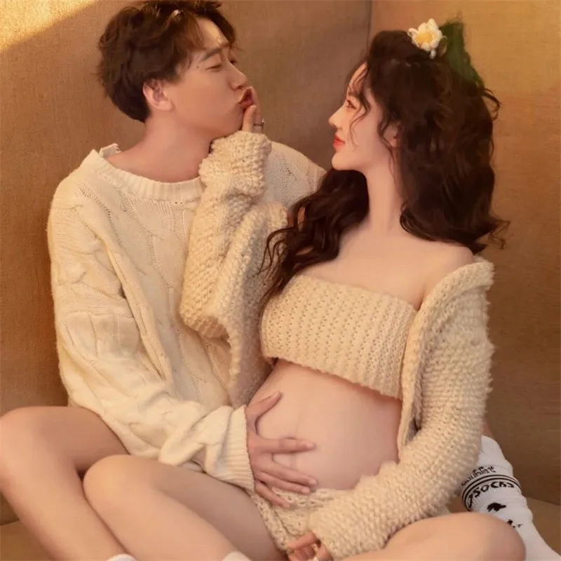 Accesorios de fotografía para mujer, suéter tejido, cárdigans superiores, pantalones cortos, calcetines, ropa de embarazo, pareja, familia, maternidad, accesorios para fotos, trajes