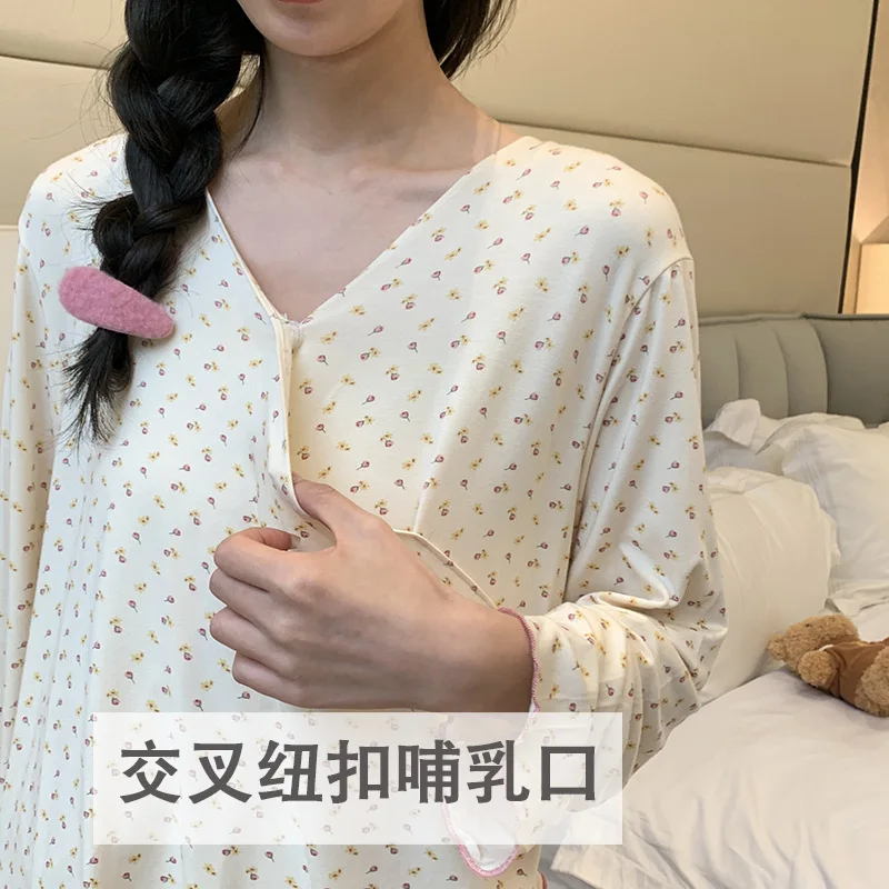 Pijamas de maternidad para amamantar, ropa de maternidad Modal para lactancia para mujeres embarazadas, Top de manga larga + Pantalones, conjuntos de ropa de dormir - imagen 3