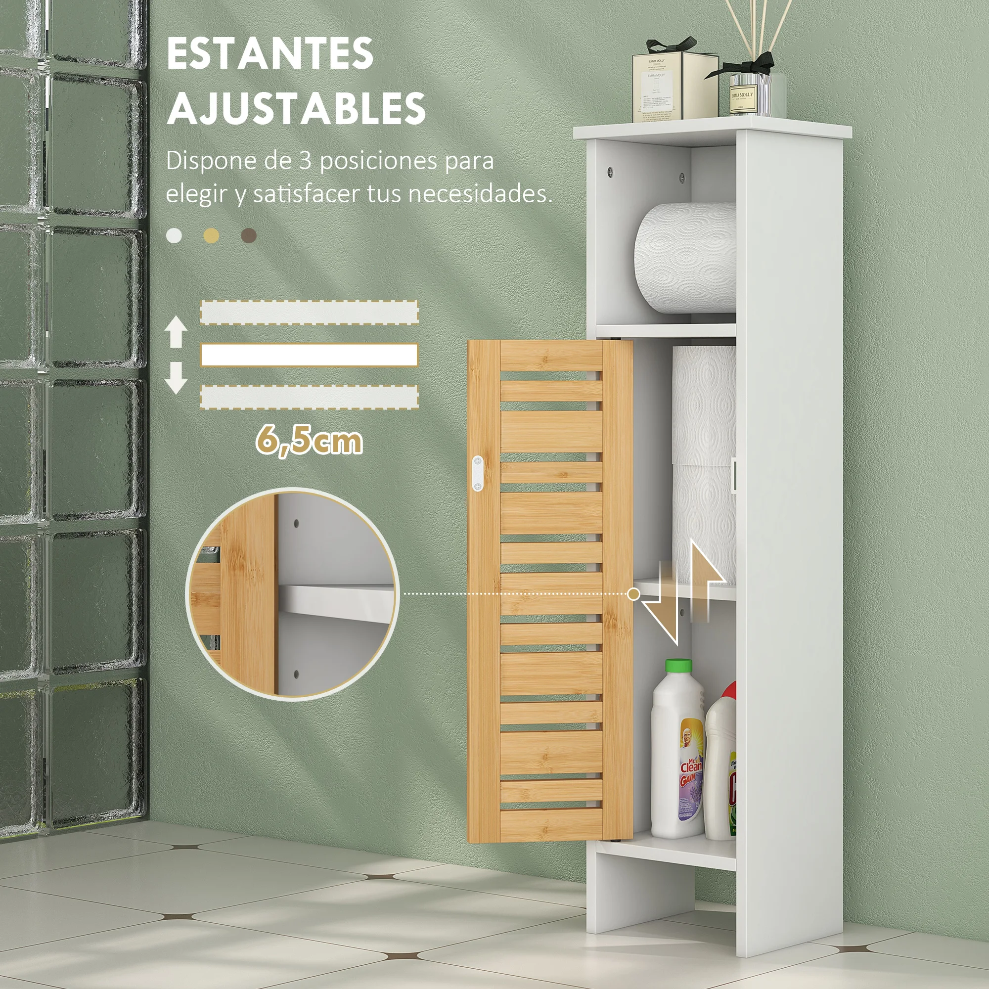 HOMCOM Columna de Baño Moderna Mueble Auxiliar de Baño con Portarrollos de Papel Estantes Ajustable y Puerta de Bambú Anti-vuelco 21x17x78 cm Blanco y Natural - imagen 4