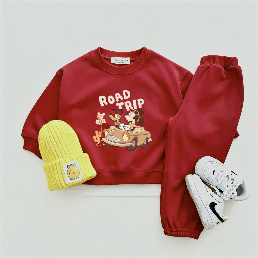 Trajes rojos para niños y niñas, conjunto de dos piezas de Color sólido, trajes de manga larga para niños pequeños, Sudadera con capucha informal holgada y pantalones de chándal - imagen 4