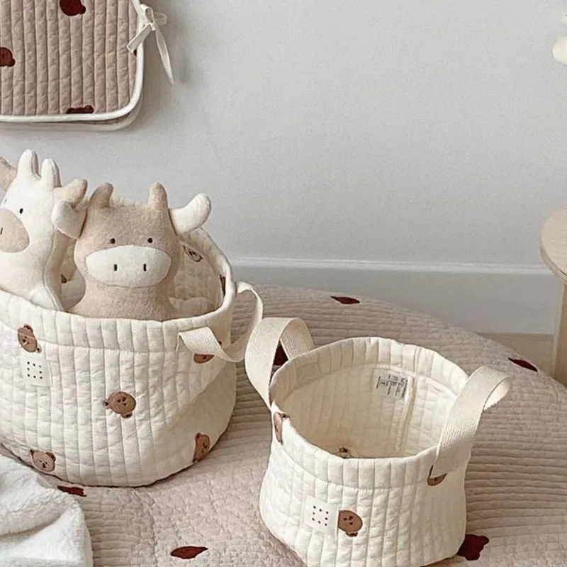 Bolsa de algodón para mamá, bolsas de almacenamiento para bebés recién nacidos y niños, cesta para ropa de lavandería, juguetes, bolsa de pañales con bordado de oso bonito, organizador de pañales