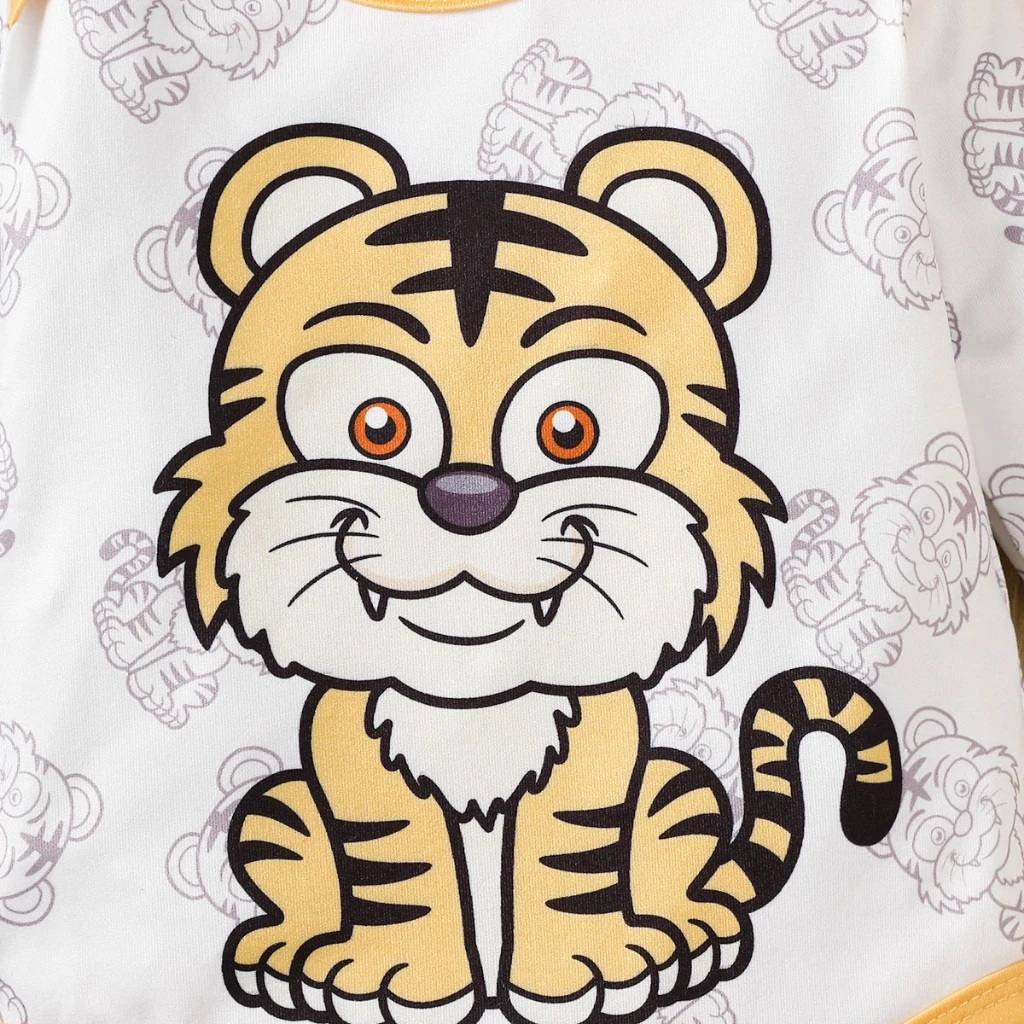 Ropa de bebé de manga larga de 0 a 9 meses, traje con estampado de dibujos animados de tigre, Top + Pantalones amarillos + sombrero bonito, mono para bebé recién nacido de 3 uds. - imagen 3