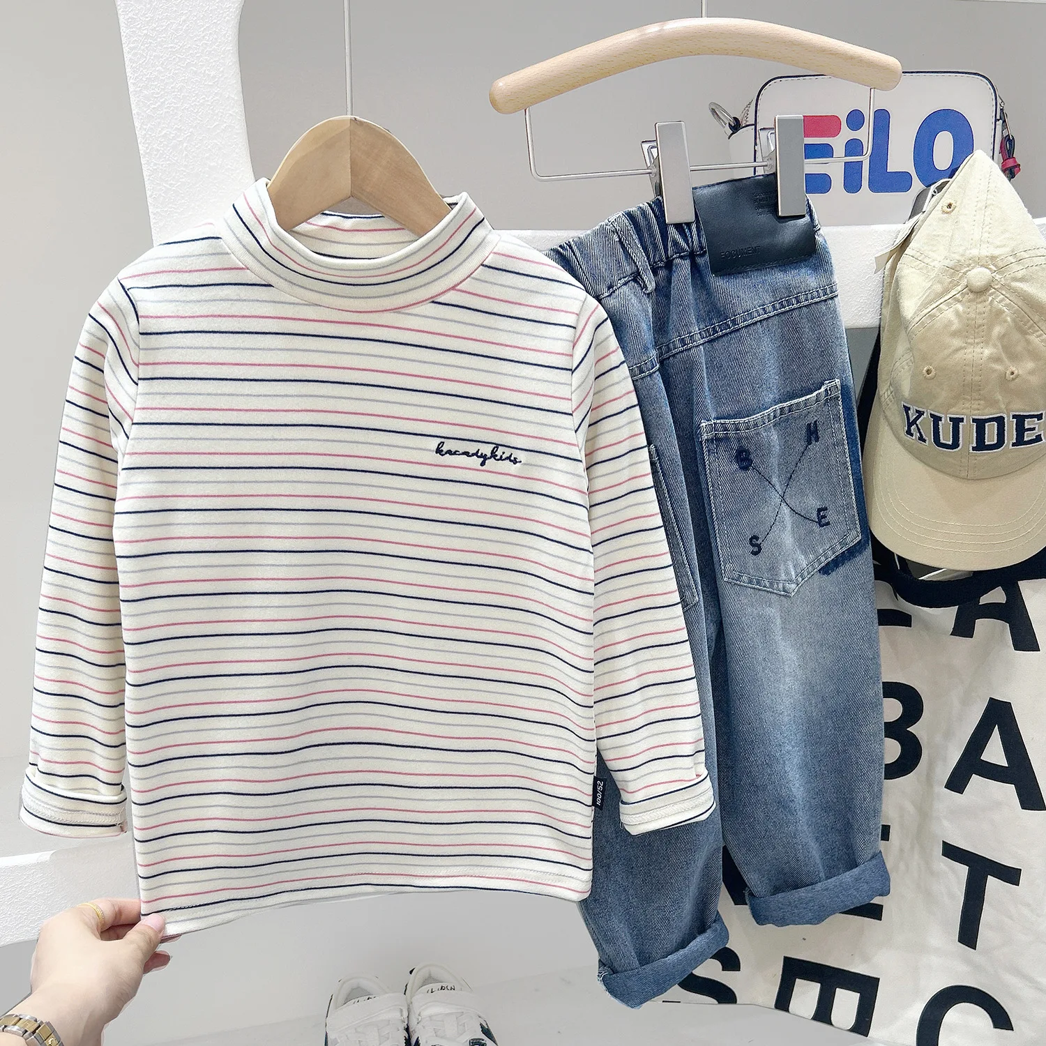 Camisetas de Otoño Invierno para niños, camisetas de manga larga con cuello medio alto a rayas para niñas y niños, ropa informal para niños - imagen 3