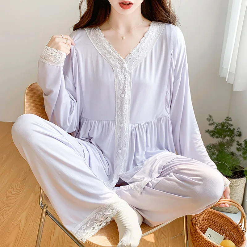 Camisón de lactancia Modal de manga larga y cuello en V - imagen 4