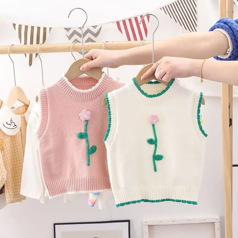 Chaleco tejido con cuello redondo para niñas, jersey de flores tridimensionales para primavera y otoño, chaleco para niños, chaleco bonito y dulce para bebé - imagen 4