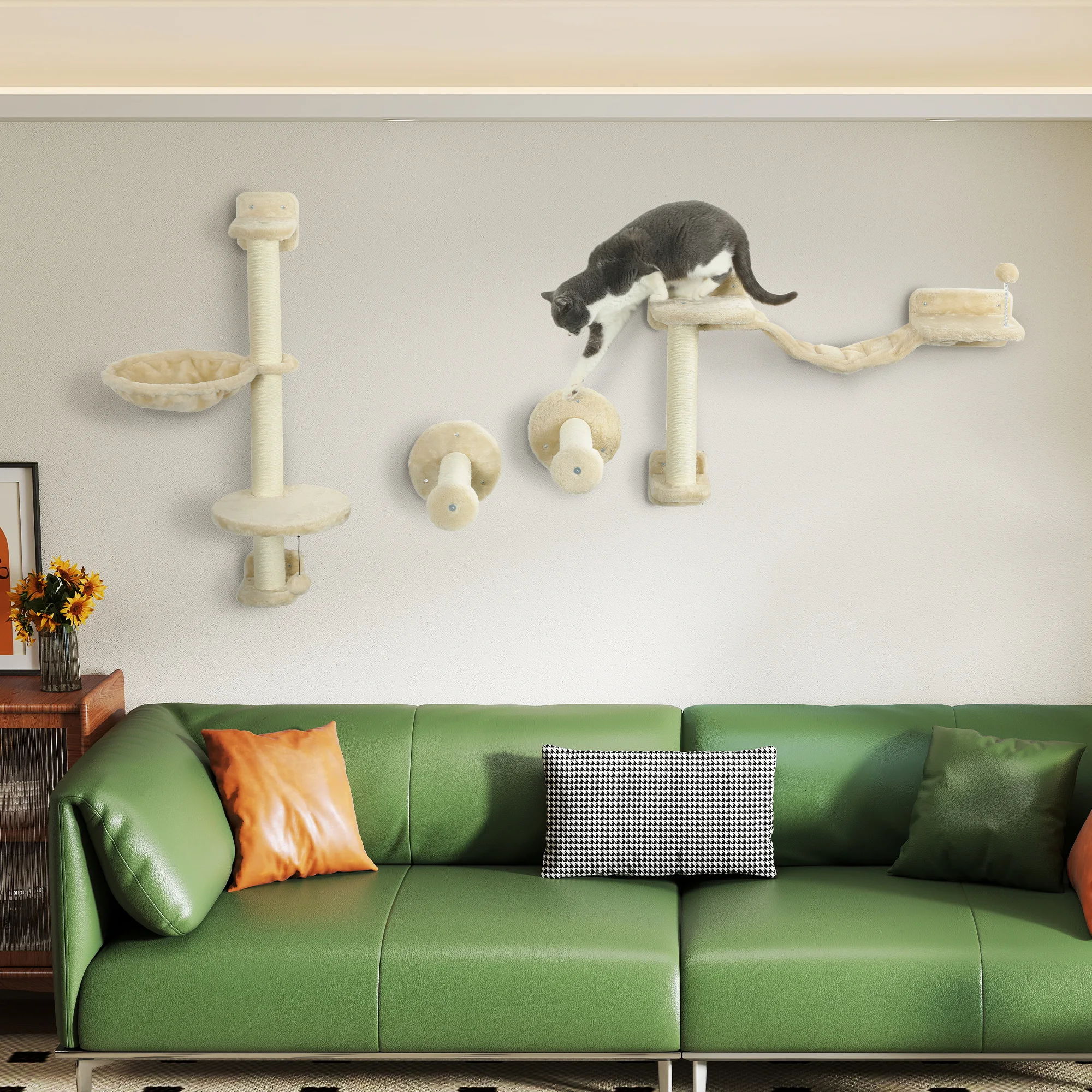 PawHut Juego de Estanterías para Gatos de 4 Piezas Rascador de Pared para Gatos con Hamaca Postes Rascadores Escalera Blanda Bola Plataformas para Saltar Beige