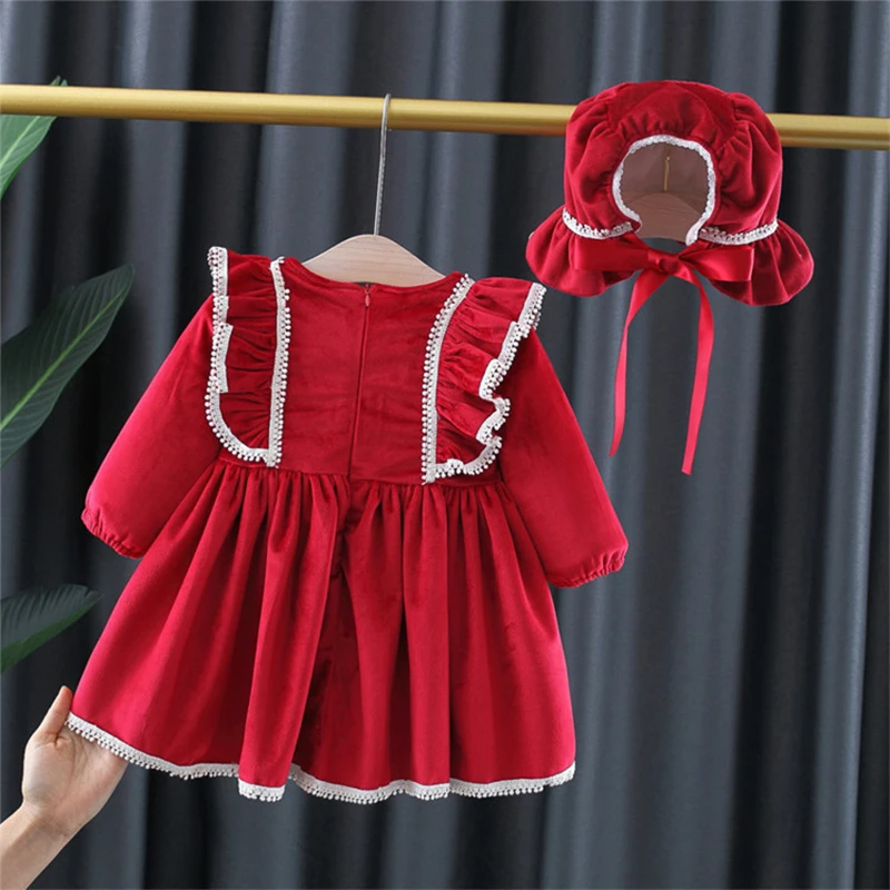 Vestidos de invierno de 2 piezas para niñas recién nacidas, ropa de lana cálida, manga larga, vestido de princesa roja + sombrero, ropa para niños, BC619 - imagen 3