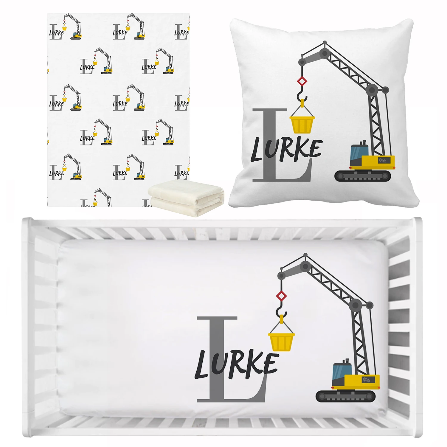 LVYZIHO-Juego de ropa de cama Cirb con nombre personalizado, bonito juego de sábanas para cuna de vehículo grúa de construcción, regalo para Baby Shower