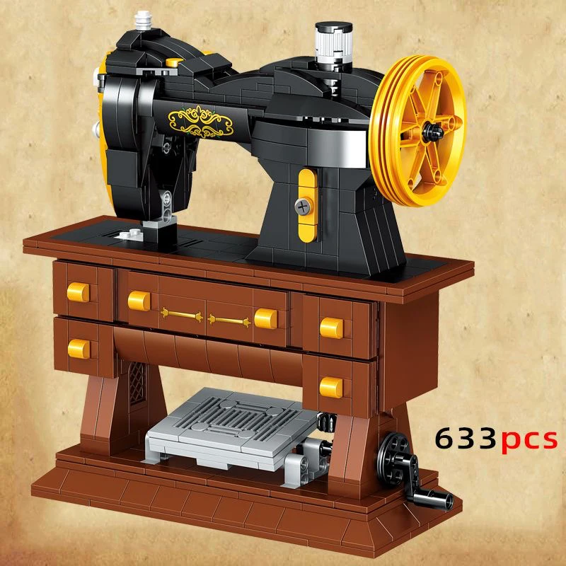Bloques de construcción retro con máquina de coser creativa