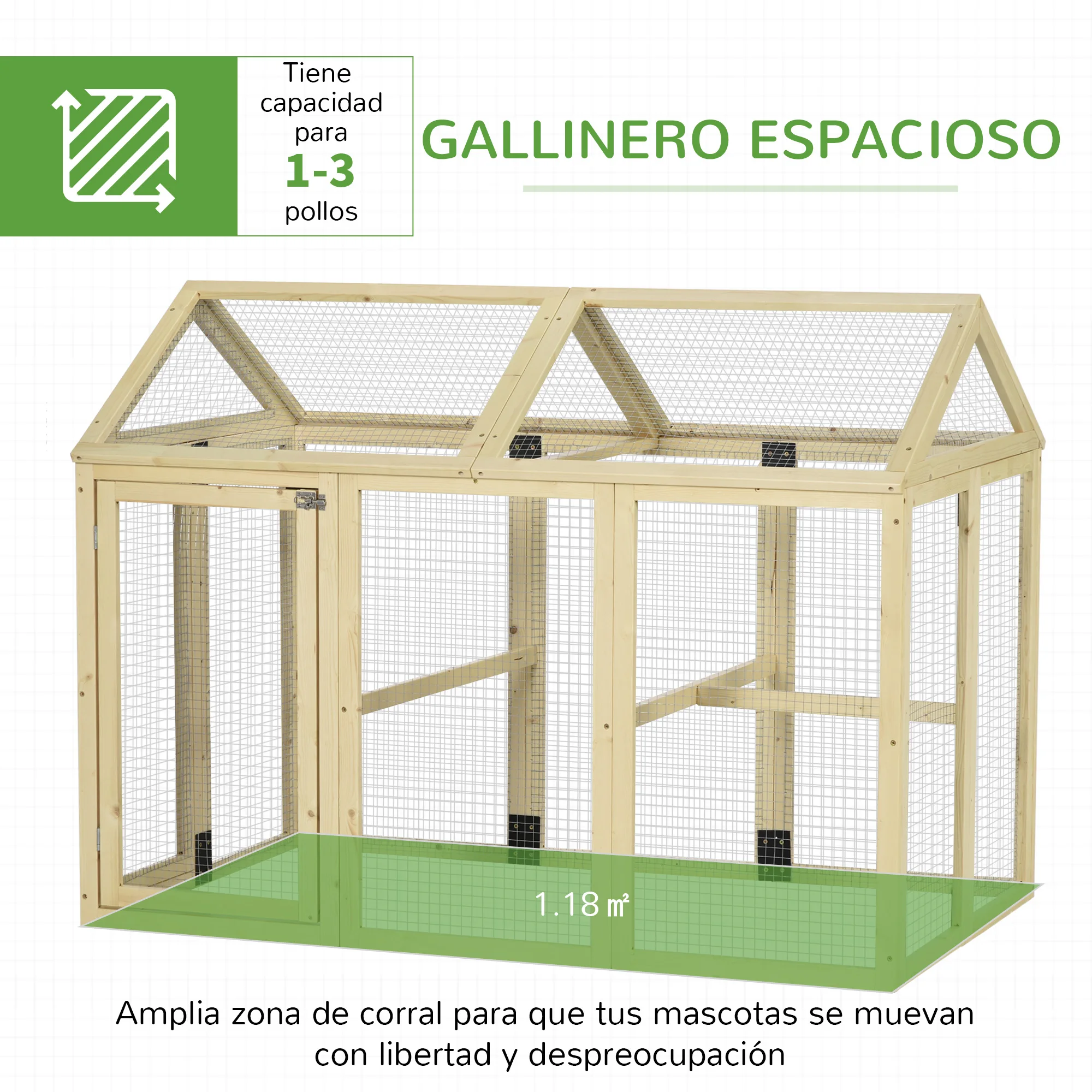 PawHut Gallinero para Exterior, 140x88,5x106 cm, Gallinero de Madera para 1-3 Gallinas con 3 Perchas y 2 Puertas con Cierre, para Gallinas, Conejos, Patos, Madera Natural - imagen 2