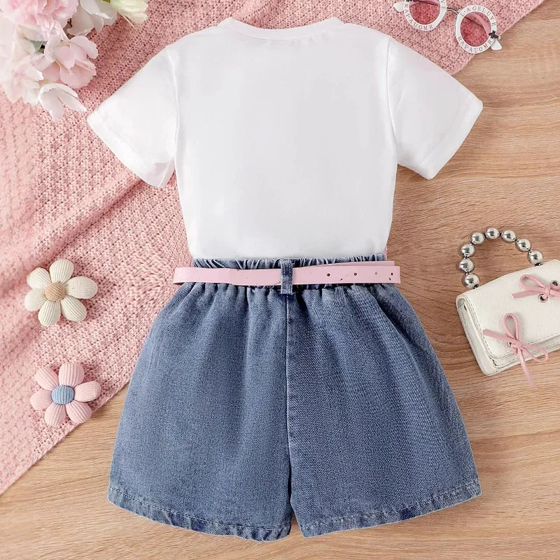 Conjuntos de 2 piezas de ropa de verano para niño niña, camisetas coreanas de manga corta con bonito lazo blanco para bebé + pantalones cortos de mezclilla, ropa de Boutique para niños B055 - imagen 2