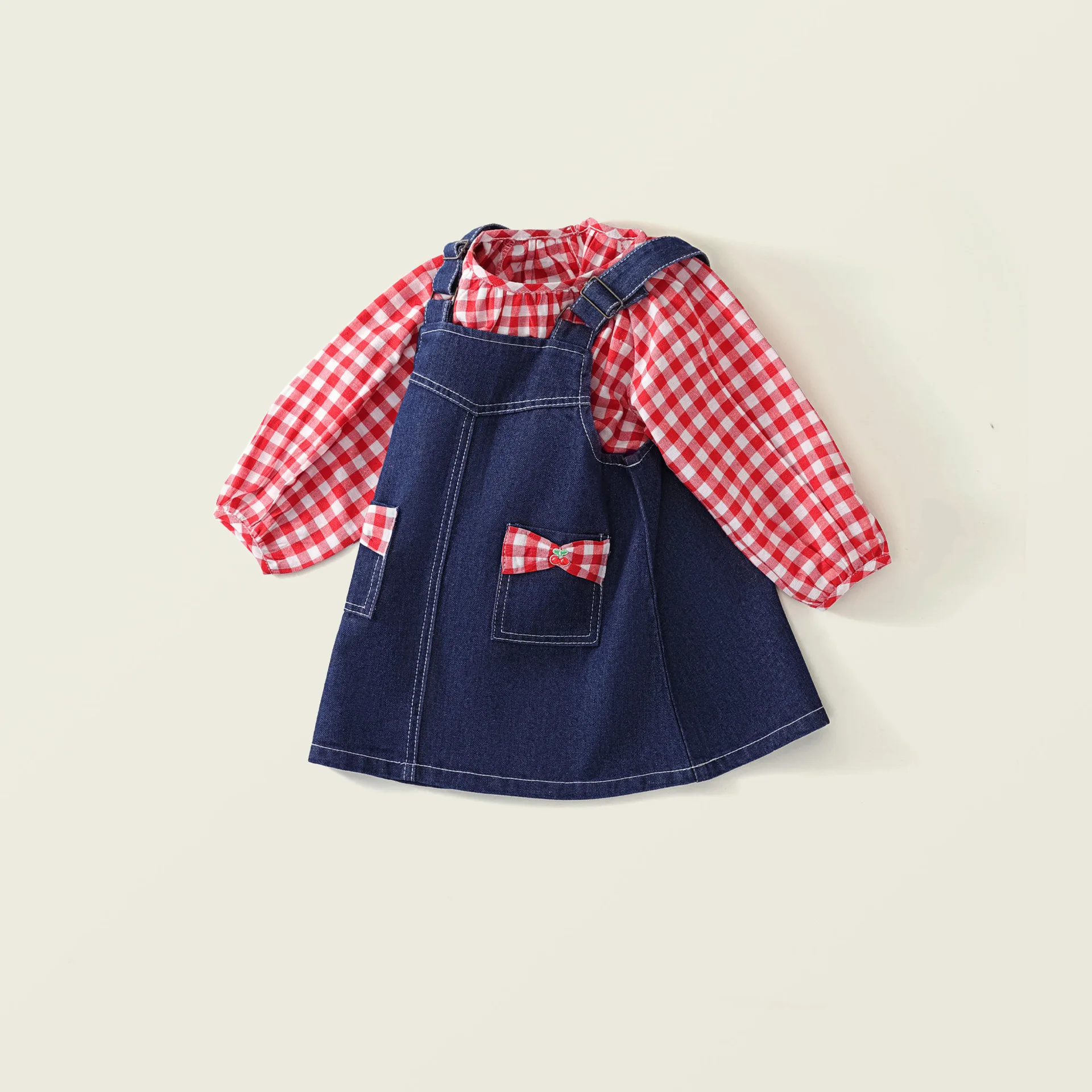 Conjunto de 2 piezas de ropa para niña, moda coreana, Tops de manga larga rojos a cuadros + vestido vaquero con lazo, ropa de Boutique para niño B056 - imagen 4