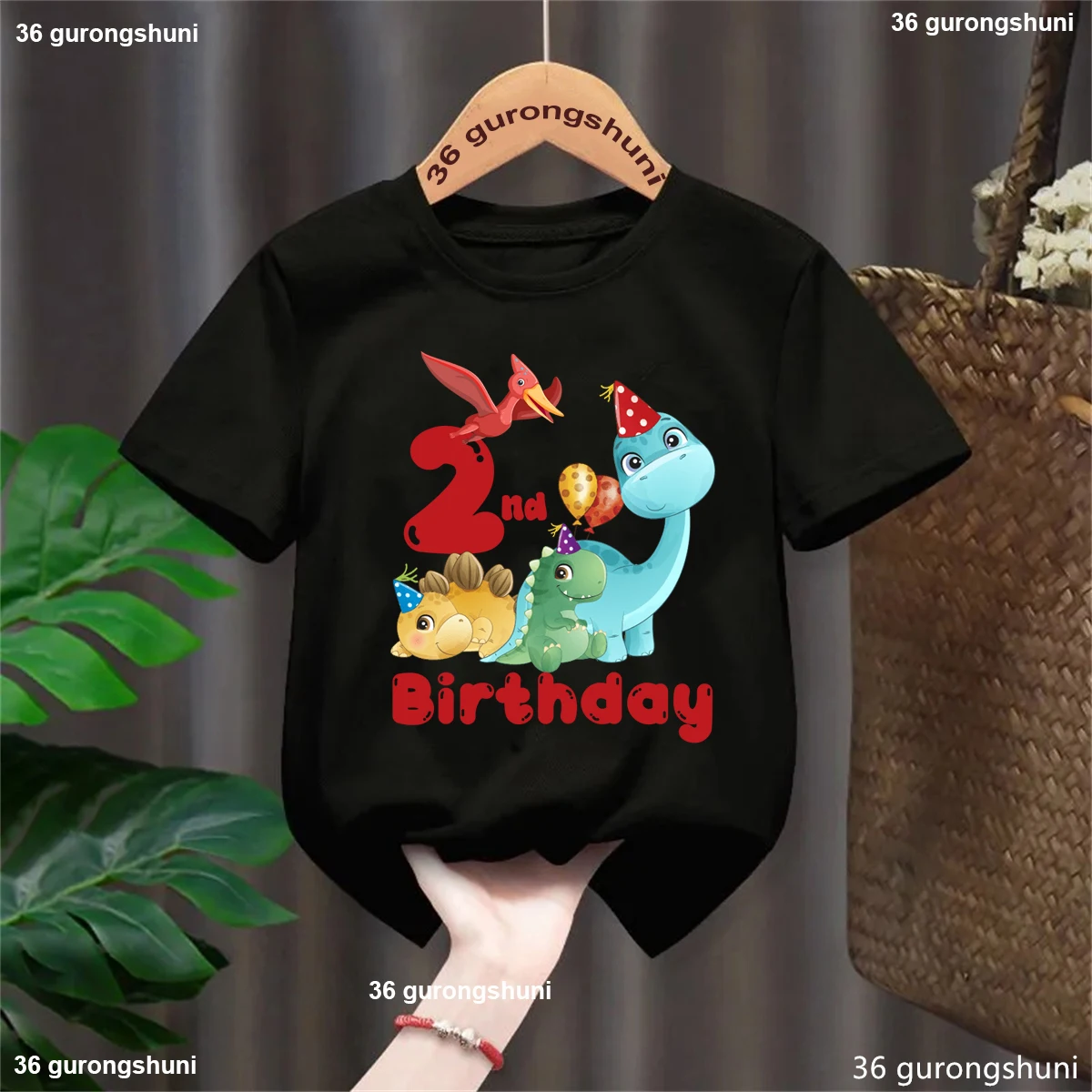 Camiseta negra con estampado de globos de dinosaurio de 2 °/3er/4 cumpleaños, camiseta divertida Kawaii para niñas y niños, ropa para niños, camiseta sólida