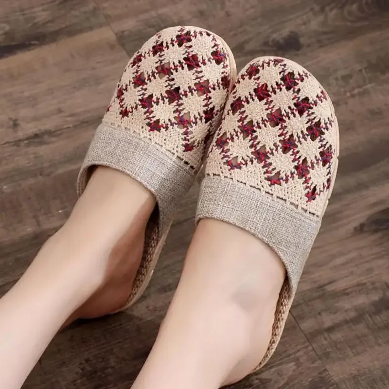 Zapatillas de lino para interior para mujer, zapatos antideslizantes, ligeros, transpirables, de encaje, para el hogar, primavera y verano, 2025 - imagen 2