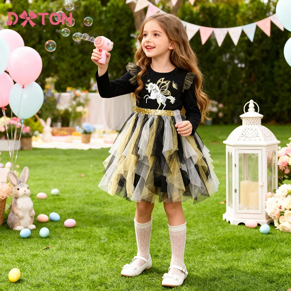 Dxton Vestido Princesa Algodón Malla Irregular para Niñas Fiesta Otoño - imagen 5