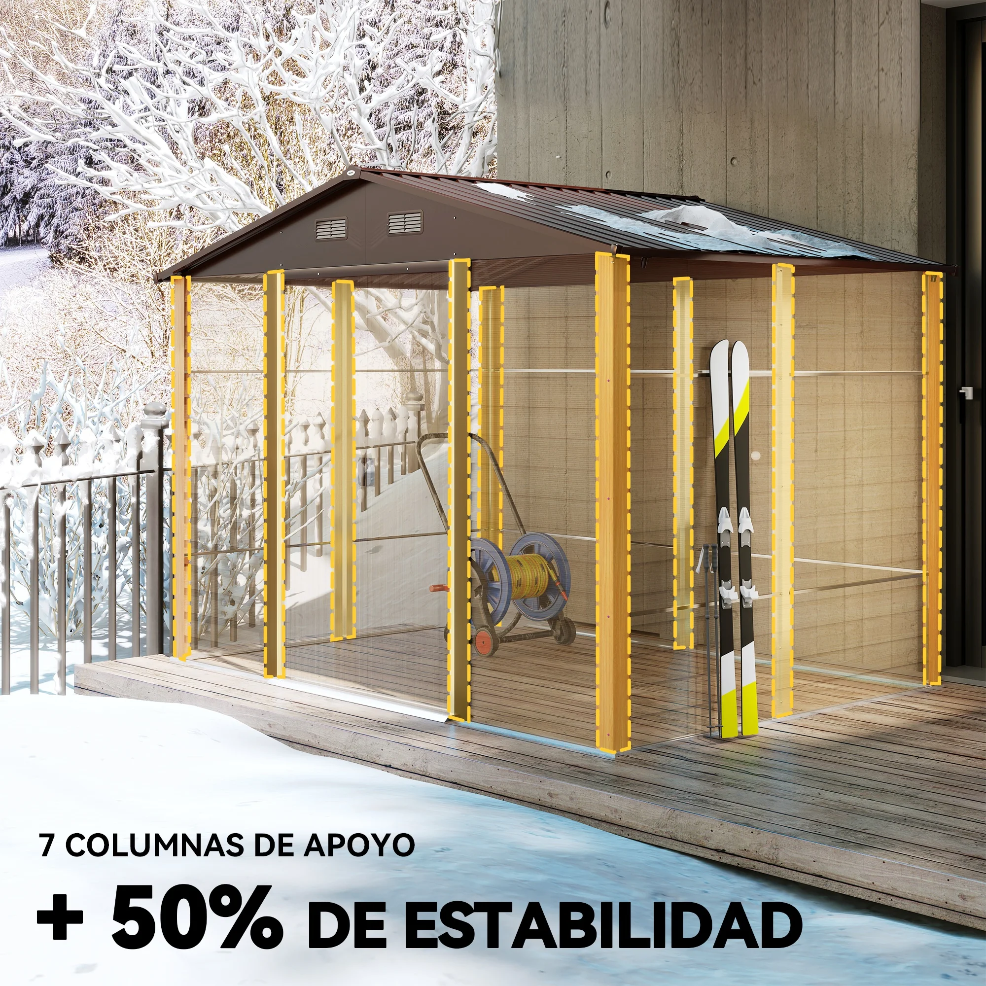 Outsunny Caseta de Jardín Exterior 4,84 m² 278x195x215 cm Cobertizo de Jardín Exterior Metálica con 2 Puertas Corredizas y 4 Ventanas para Almacenamiento de Herramientas Efecto Madera Natural y Café - imagen 4