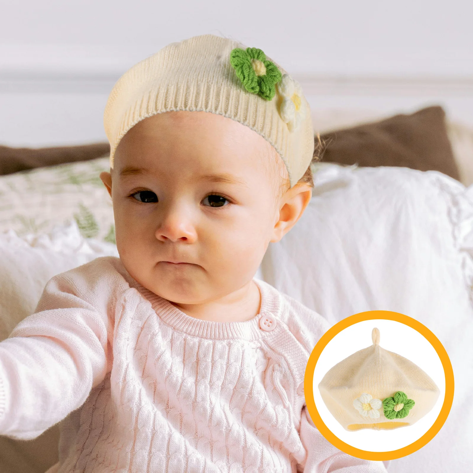 Boina para bebé, gorro de invierno tejido, boina para niña pequeña con flores, gorro de estilo francés, gorro para el frío, Dino