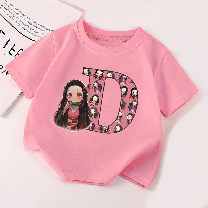 Camiseta Demon Slayer Nezuko para niñas, ropa para niños, Tops con letras A-Z, algodón, manga corta, dibujos animados de verano, regalos de cumpleaños para niños - imagen 4