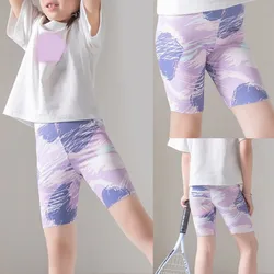 Mallas deportivas de cintura alta de secado rápido para niños, pantalones cortos de entrenamiento para gimnasio con estampado elástico para niñas de 3 a 13 años