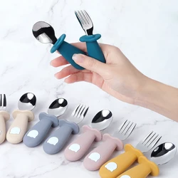 Tenedor y cuchara de acero con mango de silicona – oso para bebé