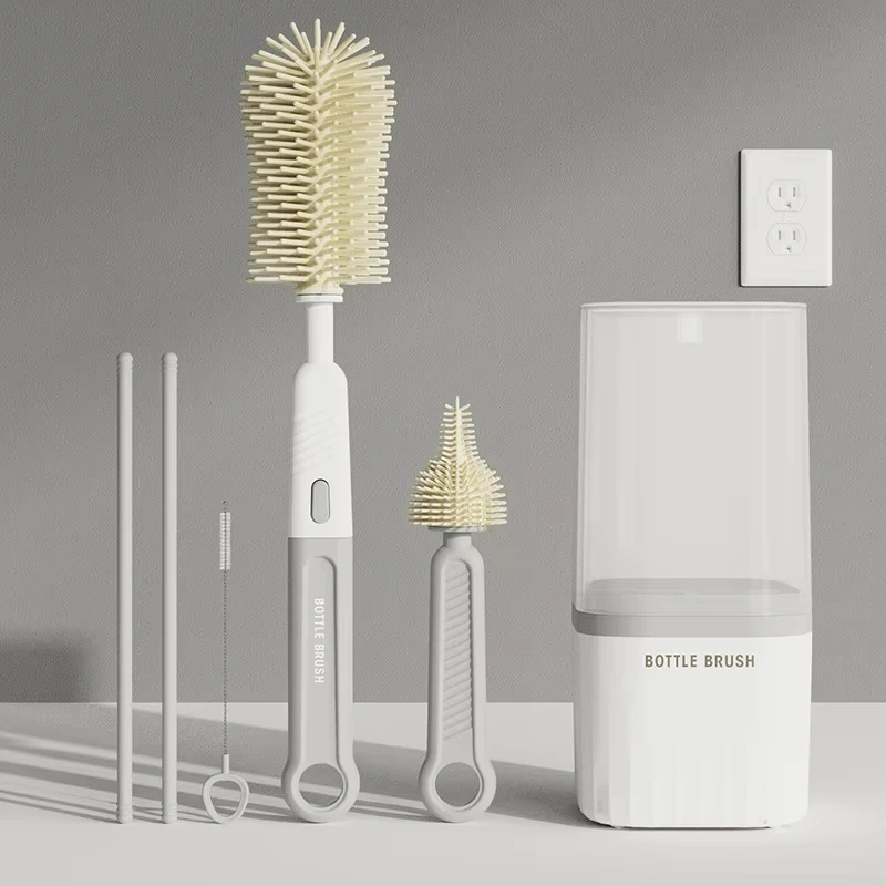 Cepillo para biberones de silicona para bebés 360 °   Estante de secado giratorio, combinación de cepillo para lavar botellas, juego de herramientas de limpieza con mango recto portátil - imagen 2