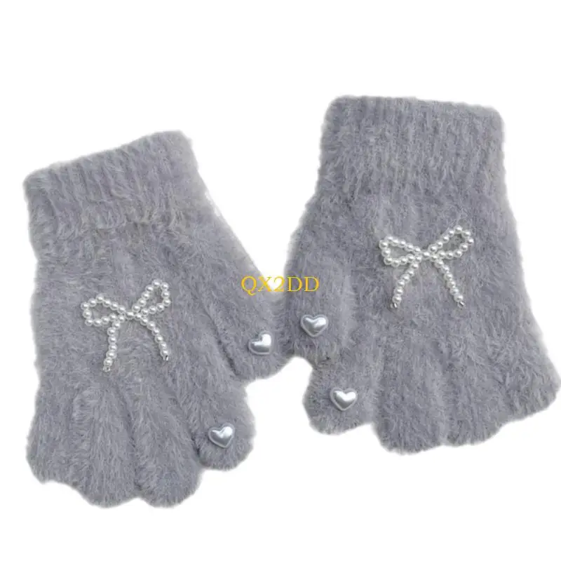 QX2D Guantes Elegantes con Lazos Perlas para niñas 3 a 8 años Manoplas Punto Suave - imagen 5