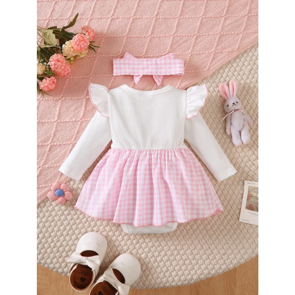 Falda con tirantes rosa de manga larga para niña recién nacida de 1 a 18 meses, bonito vestido falso de dos piezas con estampado de conejo y diadema del mismo Color - imagen 5
