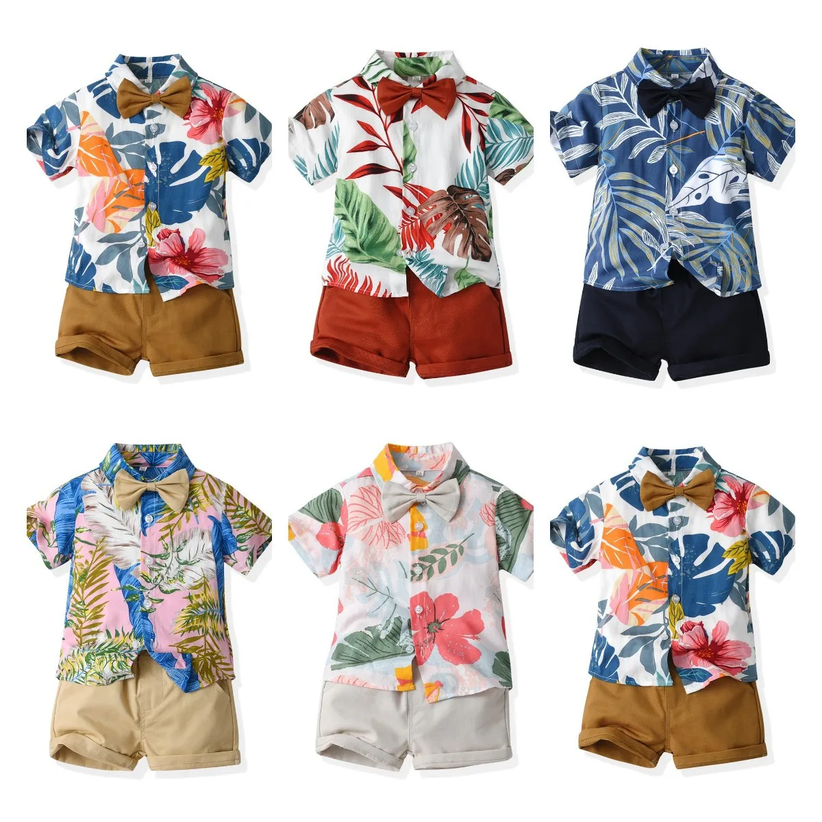 Conjunto de camisetas y pantalones cortos de flores para niño, ropa de verano de algodón para vacaciones, estilo de playa, camisas y pantalones cortos de flores de manga corta