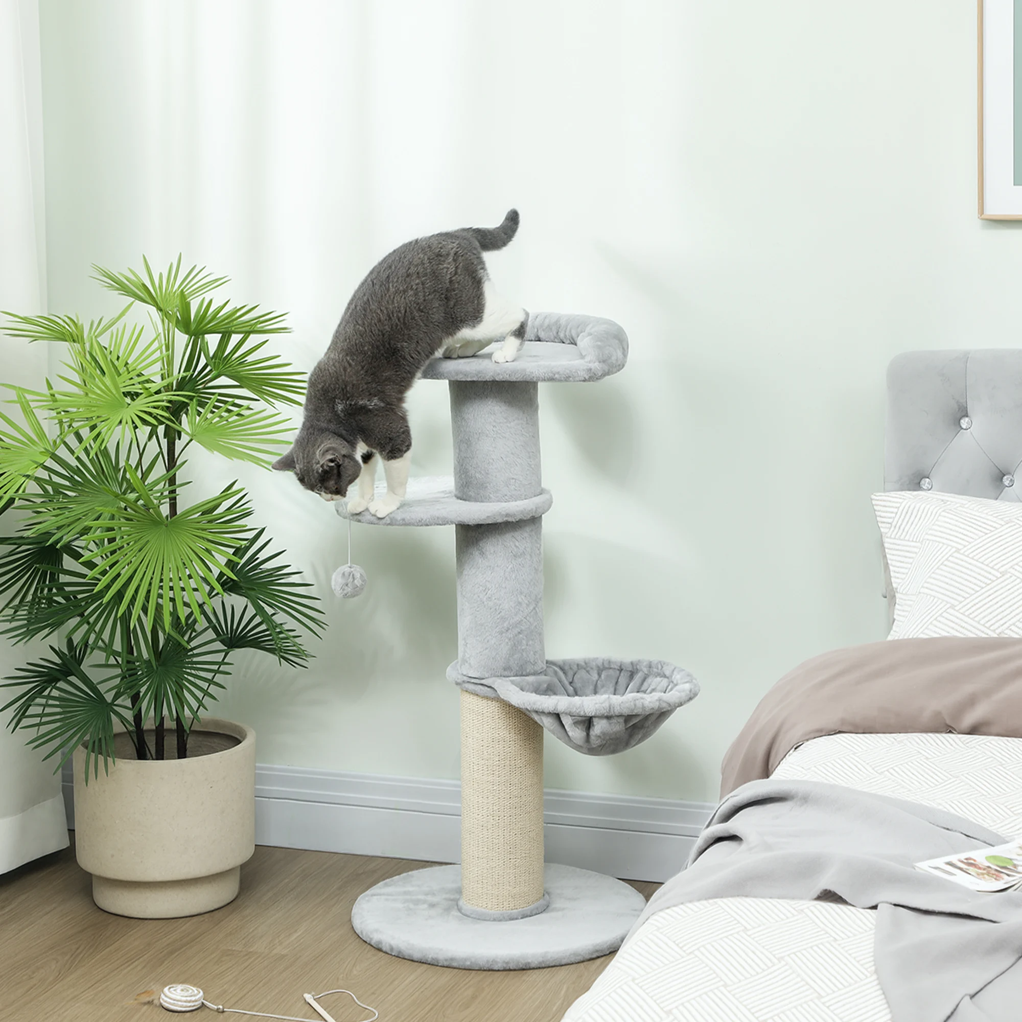 PawHut Árbol Rascador para Gatos, Árbol para Gatos 103,5 cm, Torre Escalador con Cama, Hamaca, Plataforma, Poste de Sisal Extra Grueso, Bola Colgante, Gris Claro - imagen 2