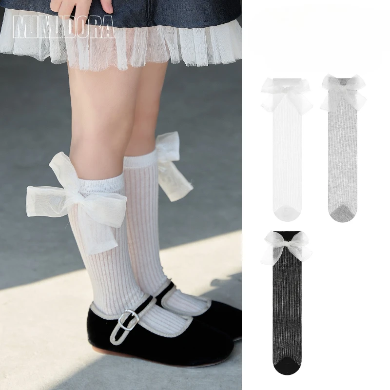 1 par de calcetines finos transpirables de verano para niños y niñas, dulce lazo de princesa, moda coreana, calcetín escolar de algodón suave para niños