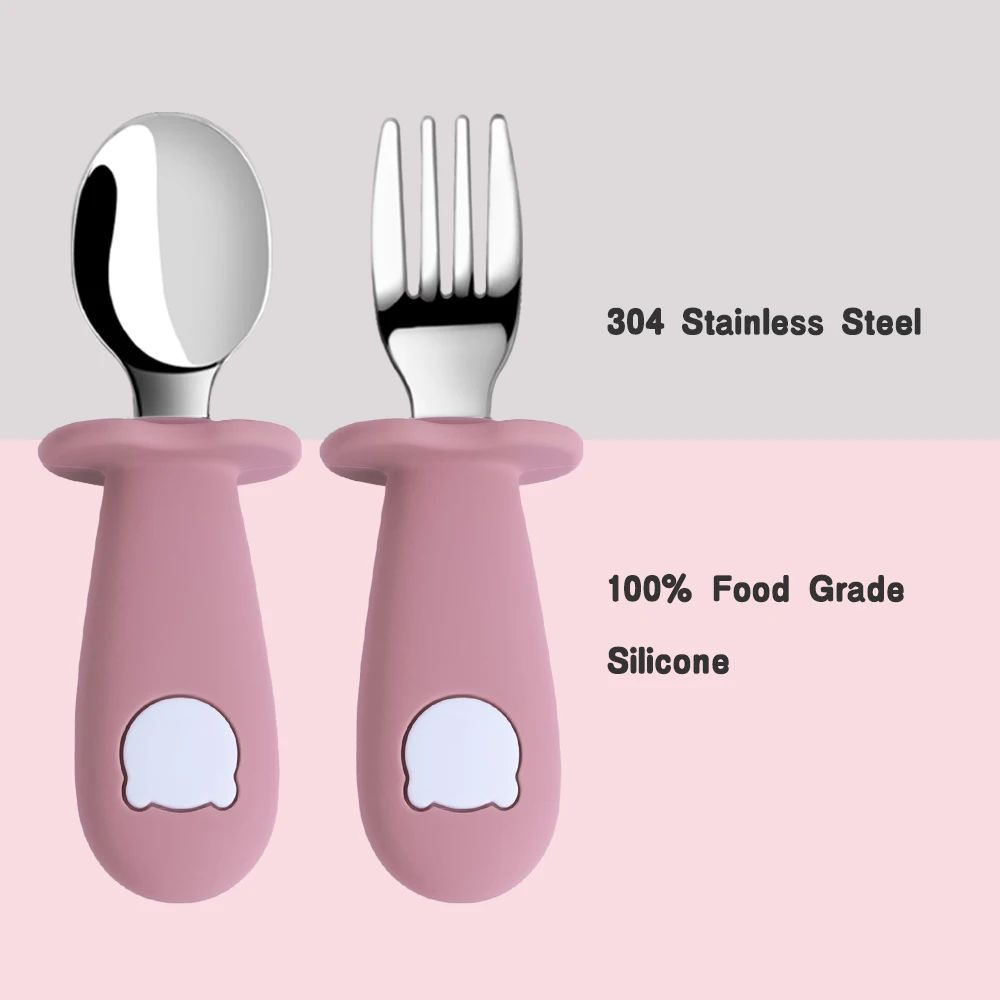 Baby Feeding Solid Food Spoon Fork Set BPA Free Silicone Handle Cartoon Bear Stainless Utensil Children's Tableware - imagen 2