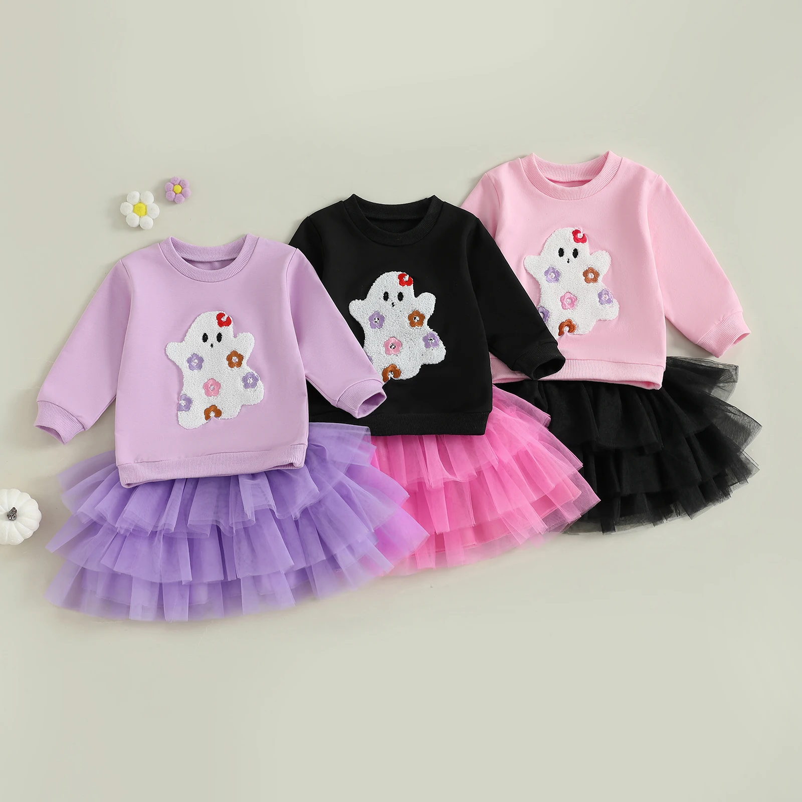 SUNSIOM Traje de Halloween para niña pequeña de 1 a 6 años, sudadera de manga larga con bordado de fantasma, falda de tul con cintura elástica, conjunto de otoño de 2 piezas
