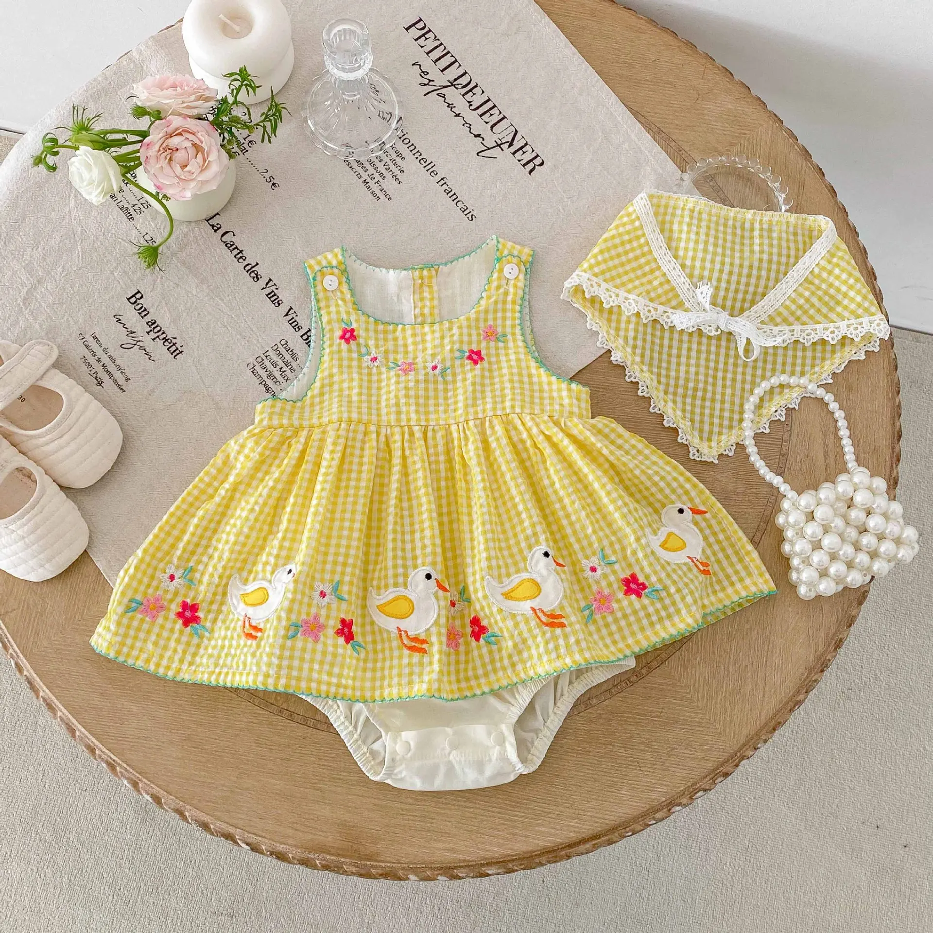 Traje de verano para niña, Adorable mono sin mangas a cuadros amarillos con patrones de pato, mono infantil, ropa cómoda súper bonita