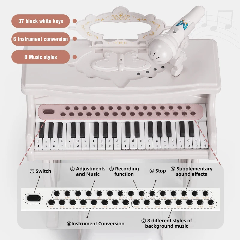 Teclado de Piano Electrónico para niños, juego de instrumentos musicales multifuncionales con micrófono para niños y niñas con silla navideña - imagen 2