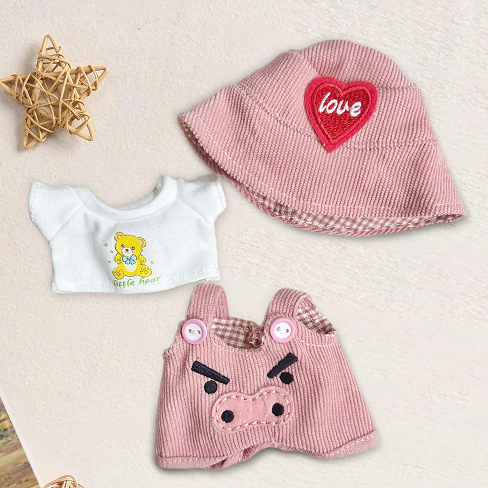 Doll Clothes for 15cm Plush Doll,Doll Pants Set,Stylish Heart Pattern Hat,DIY Soft Stuffed Animals Accessories,Cartoon (Pink)